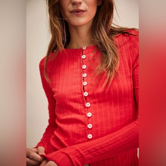 FREE PEOPLE Tilly Ribbed Cardigan Ribbed Button Down NWOT in RED